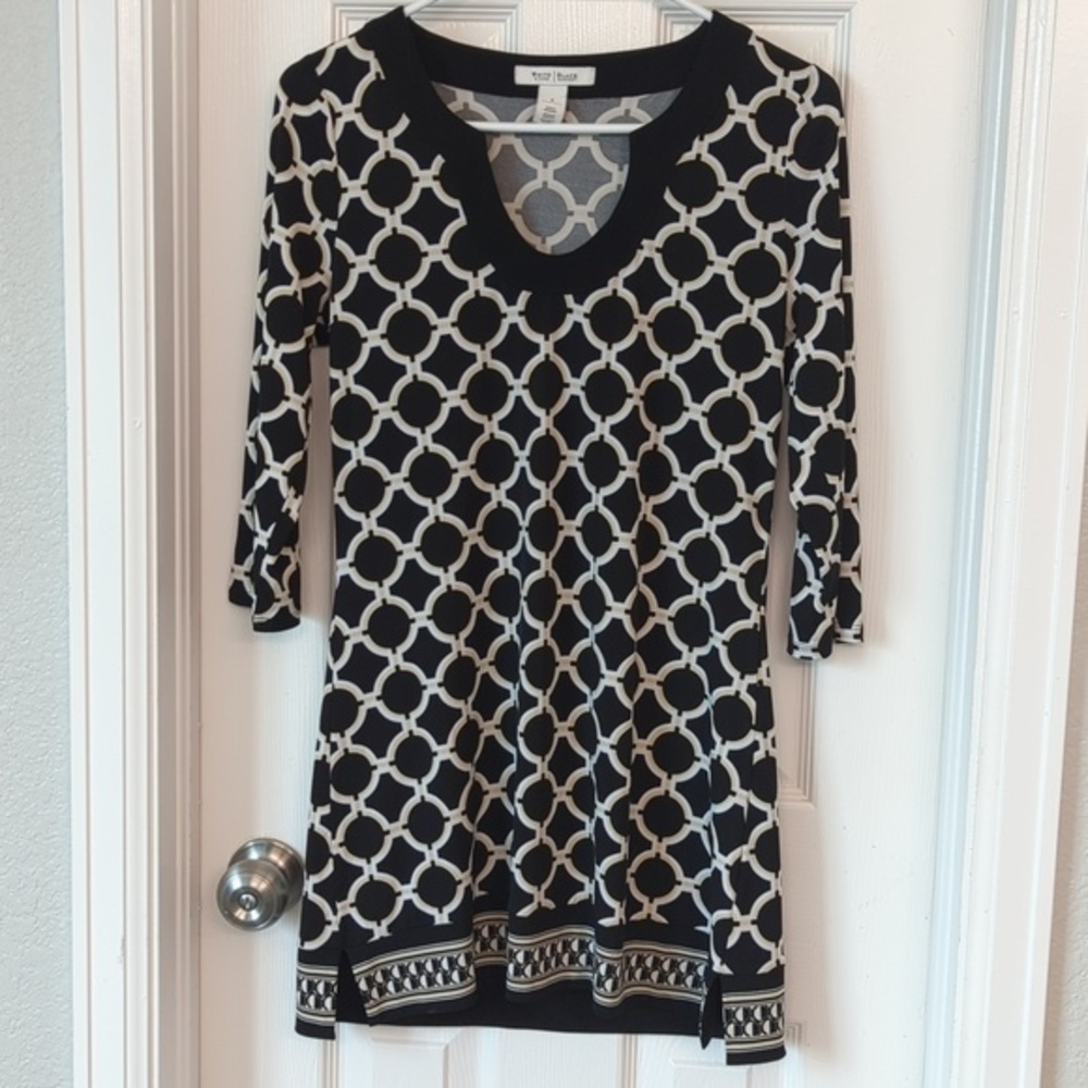 White House Black Market Geometric Print Long Tunic Top Sz S Black White Boho